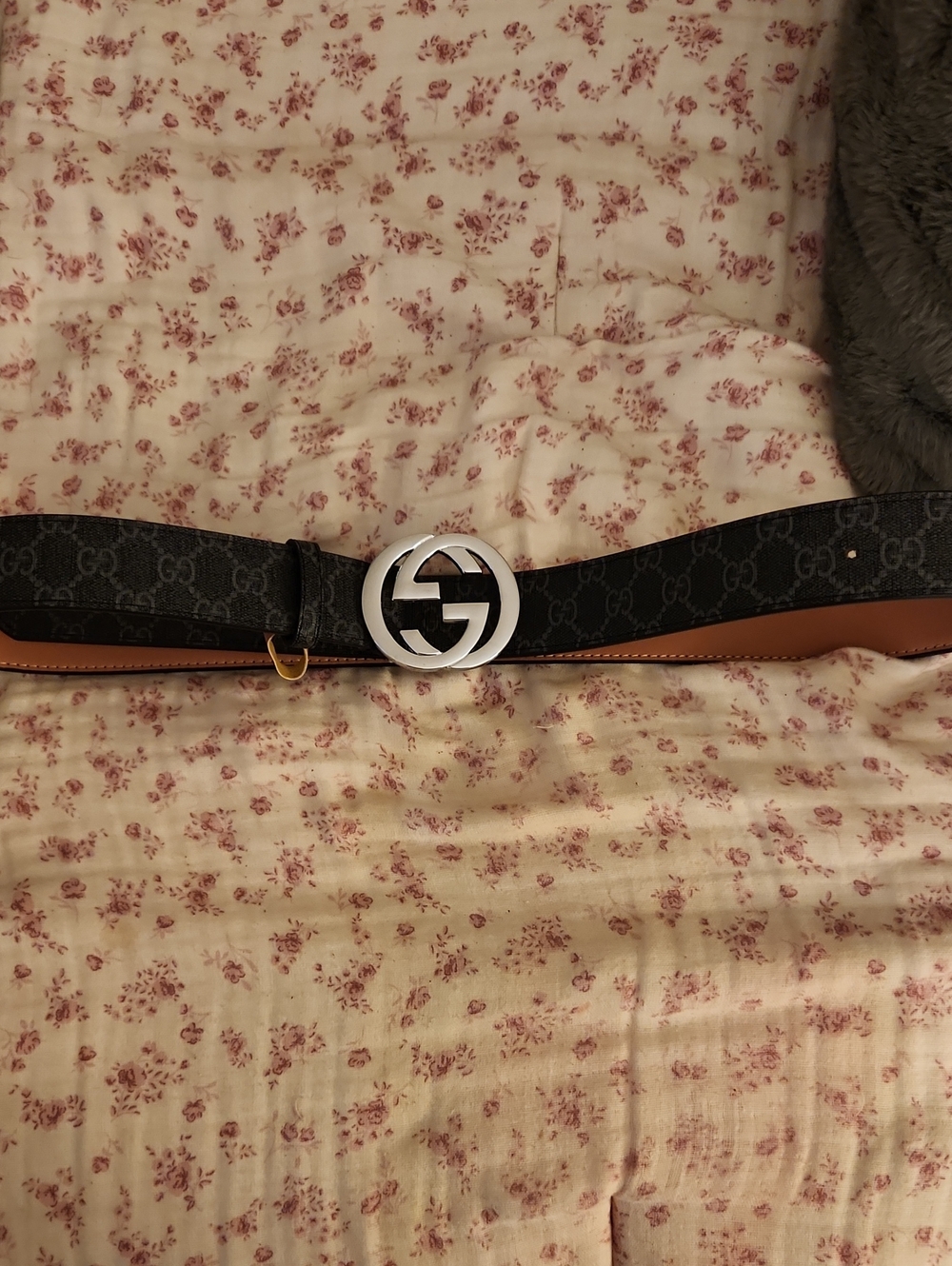 Gucci Black Monogram Canvas Belt with Silver GG Buckle and Brown Trim